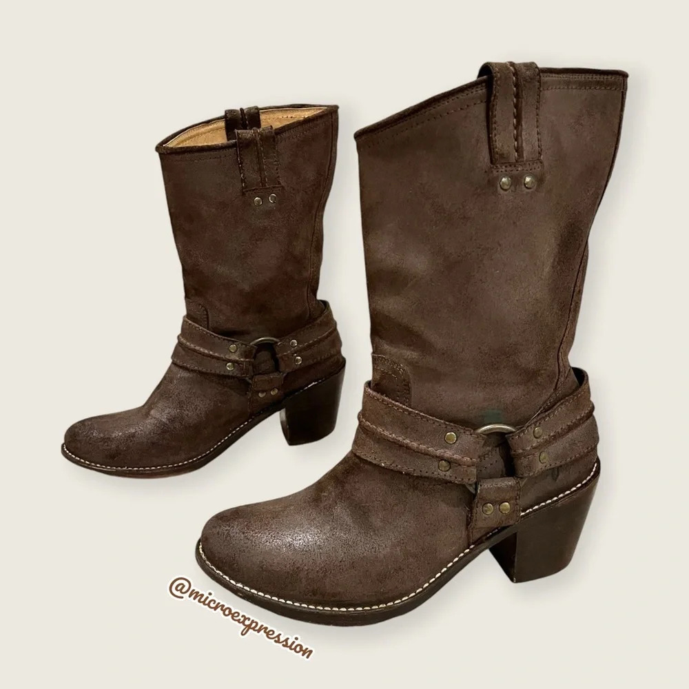 $379 Frye Carmen Harness Motorcycle Brown Leather Mid Calf Pull On Short Boot - Picture 12 of 13